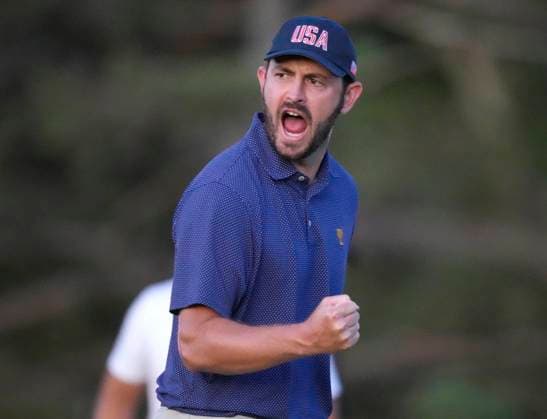 September 28, 2024, Montreal, Pq, Canada: United States team member Patrick Cantlay reacts after making the winning putt on the 18th hole during their fourth round foursomes match at the Presidents Cup golf tournament at Royal Montreal Golf Club Saturday, September 28, 2024 in Montreal. Patrick Cantlay,  - ZUMAc35_ 20240928_zaf_c35_200 Copyright: xFrankxGunnx