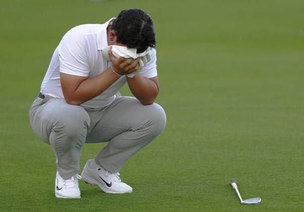 September 28, 2024, Montreal, Pq, Canada: International team member Tom Kim of South Korea, reacts after a poor approach shot on the 16th hole during their fourth round foursomes match at the Presidents Cup golf tournament at Royal Montreal Golf Club Saturday, September 28, 2024 in Montreal. Tom Kim,  - ZUMAc35_ 20240928_zaf_c35_205 Copyright: xNathanxDenettex