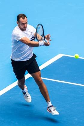 BEIJING, CHINA - SEPTEMBER 28: Roman Safiullin of Russia competes in the Men s Singles Round of 16 match against Jannik Sinner of Italy on day six of 2024 China Open at National Tennis Center on September 28, 2024 in Beijing, China.  Copyright: xVCGx 111520849693