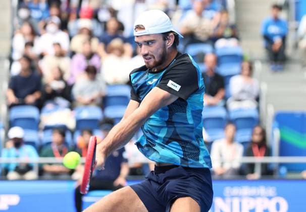 September 29, 2024, Tokyo, Japan - Tomas Machac of Czech Republic retuens the ball against Alex Michelsen of the United States at the quarter-final match of the Japan Open Tennis championships at the Ariake Colosseum in Tokyo on Sunday, September 29, 2024. (photo by Yoshio Tsunoda AFLO) Noxthirdxpartyxsales  (0765583163st)