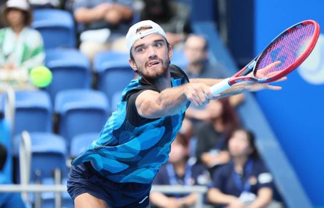 September 29, 2024, Tokyo, Japan - Tomas Machac of Czech Republic retuens the ball against Alex Michelsen of the United States at the quarter-final match of the Japan Open Tennis championships at the Ariake Colosseum in Tokyo on Sunday, September 29, 2024. (photo by Yoshio Tsunoda AFLO) Noxthirdxpartyxsales  (0765583165st)