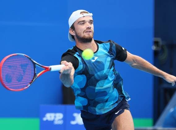 September 29, 2024, Tokyo, Japan - Tomas Machac of Czech Republic retuens the ball against Alex Michelsen of the United States at the quarter-final match of the Japan Open Tennis championships at the Ariake Colosseum in Tokyo on Sunday, September 29, 2024. (photo by Yoshio Tsunoda AFLO) Noxthirdxpartyxsales  (0765583172st)
