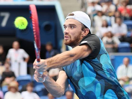 September 29, 2024, Tokyo, Japan - Tomas Machac of Czech Republic retuens the ball against Alex Michelsen of the United States at the quarter-final match of the Japan Open Tennis championships at the Ariake Colosseum in Tokyo on Sunday, September 29, 2024. (photo by Yoshio Tsunoda AFLO) Noxthirdxpartyxsales  (0765583175st)