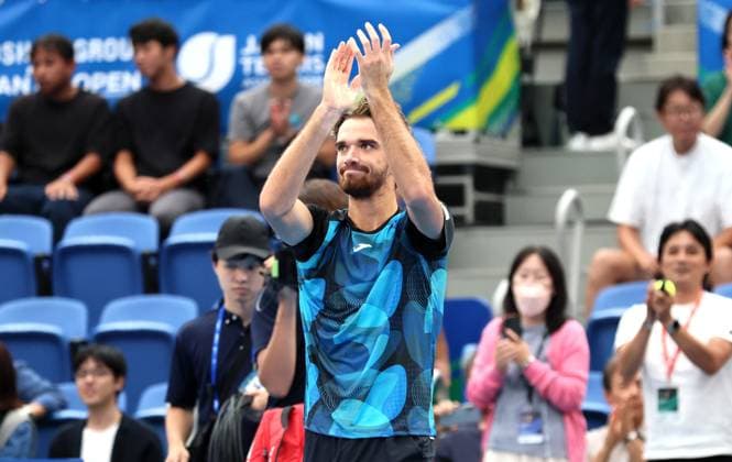 September 29, 2024, Tokyo, Japan - Tomas Machac of Czech Republic reacts to audience as he defeated Alex Michelsen of the United States at the quarter-final match of the Japan Open Tennis championships at the Ariake Colosseum in Tokyo on Sunday, September 29, 2024. (photo by Yoshio Tsunoda AFLO) Noxthirdxpartyxsales  (0765583176st)
