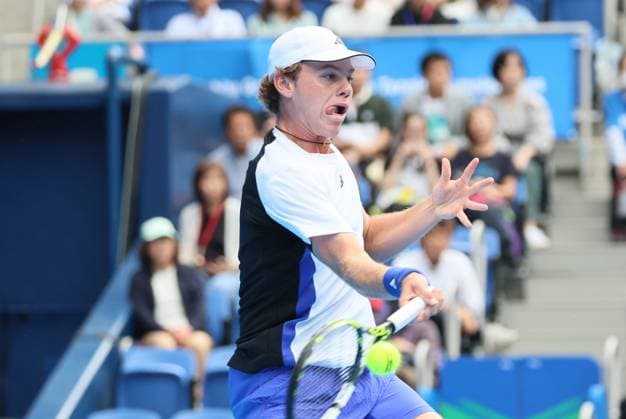 September 29, 2024, Tokyo, Japan - Alex Michelsen of the United States retuens the ball against Tomas Machac of Czech Republic at the quarter-final match of the Japan Open Tennis championships at the Ariake Colosseum in Tokyo on Sunday, September 29, 2024. (photo by Yoshio Tsunoda AFLO) Noxthirdxpartyxsales  (0765583177st)