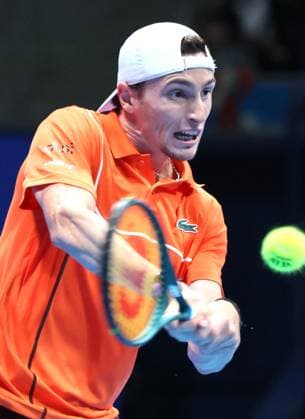 September 29, 2024, Tokyo, Japan - Ugo Humbert of France retuens the ball against Jack Draper of Britain at the quarter-final match of the Japan Open Tennis championships at the Ariake Colosseum in Tokyo on Sunday, September 29, 2024. Draper withdrew the game by injury. (photo by Yoshio Tsunoda AFLO) Noxthirdxpartyxsales  (0765599094st)