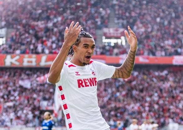 Cologne, RheinEnergieStadion, 29 09 2024 Damion Downs Cologne scores the 2 0 goal and cheers during the 2 Bundesliga match 1 FC Köln vs Karlsruher SC