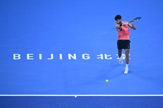 (240929) -- BEIJING, Sept. 29, 2024 -- Carlos Alcaraz hits a return during the men s singles second round match between Carlos Alcaraz of Spain and Tallon Griekspoor of the Netherlands at 2024 China Open tennis tournament in Beijing, capital of China, Sept. 29, 2024. ) (SP)CHINA-BEIJING-TENNIS-CHINA OPEN-MEN S SINGLES (CN) ZhangxLong 