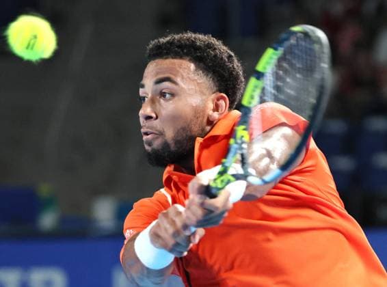 September 29, 2024, Tokyo, Japan - Arthur Fils of Francei retuens the ball against Ben Shelton of the United States at the quarter-final match of the Japan Open Tennis championships at the Ariake Colosseum in Tokyo on Sunday, September 29, 2024. Draper withdrew the game by injury. (photo by Yoshio Tsunoda AFLO) Noxthirdxpartyxsales  (0765651700st)