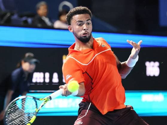 September 29, 2024, Tokyo, Japan - Arthur Fils of Francei retuens the ball against Ben Shelton of the United States at the quarter-final match of the Japan Open Tennis championships at the Ariake Colosseum in Tokyo on Sunday, September 29, 2024. Draper withdrew the game by injury. (photo by Yoshio Tsunoda AFLO) Noxthirdxpartyxsales  (0765651831st)