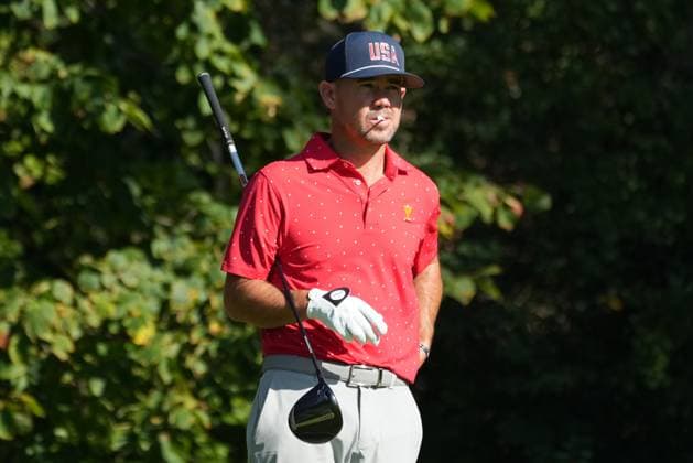 September 29, 2024, Montreal, Pq, Canada: United States team member Brian Harman gets ready to tee off on the 4th hole during his fifth round singles match at the Presidents Cup golf tournament at Royal Montreal Golf Club on Sunday, September 29, 2024 in Montreal. Canada News - September 29, 2024  - ZUMAc35_ 20240929_zaf_c35_068 Copyright: xChristinnexMuschix