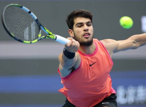 (240930) -- BEIJING, Sept. 30, 2024 -- Carlos Alcaraz of Spain competes during the men s singles quarterfinals against Karen Khachanov of Russia at 2024 China Open tennis tournament in Beijing, capital of China, Sept. 30, 2024. ) (SP)CHINA-BEIJING-TENNIS-CHINA OPEN-MEN S SINGLES (CN) ZhangxChenlin 