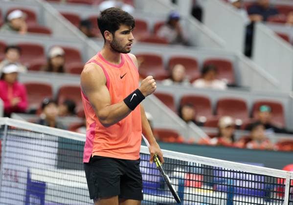 (240930) -- BEIJING, Sept. 30, 2024 -- Carlos Alcaraz of Spain celebrates scoring during the men s singles quarterfinals against Karen Khachanov of Russia at 2024 China Open tennis tournament in Beijing, capital of China, Sept. 30, 2024. ) (SP)CHINA-BEIJING-TENNIS-CHINA OPEN-MEN S SINGLES (CN) ZhangxChenlin 