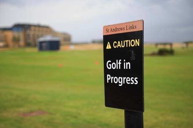 30th September 2024; Old Course at St Andrews, St Andrews, Fife, Scotland; Alfred Dunhill Links Golf Championship, First Practice Day; Signage warning of flying golf balls at the Old Course, St Andrews, during a practice round ahead of the Dunhill Links Championship  ActionPlus12698487 DavidxYoung