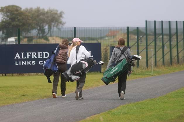 30th September 2024; Old Course at St Andrews, St Andrews, Fife, Scotland; Alfred Dunhill Links Golf Championship, First Practice Day; Young golfers walk in front of the 17th tee of the Old Course, St Andrews, during a practice round ahead of the Dunhill Links Championship  ActionPlus12698512 DavidxYoung