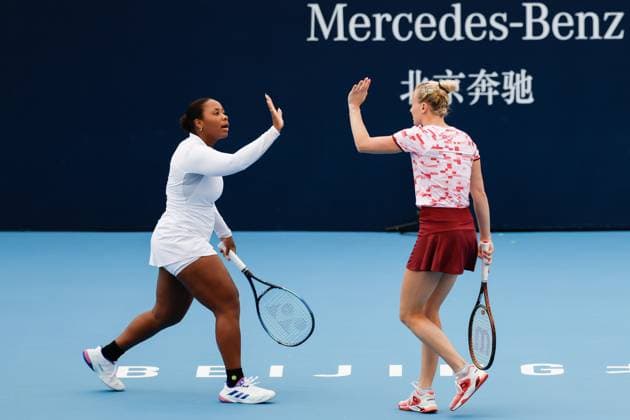 BEIJING, CHINA - SEPTEMBER 30: Katerina Siniakova of Czech Republic and Taylor Townsend of America react in the Women s Doubles Round of 32 match against Lyudmyla Kichenok and Marta Kostyuk of Ukraine on day eight of 2024 China Open at National Tennis Center on September 30, 2024 in Beijing, China.  Copyright: xVCGx 111521261763