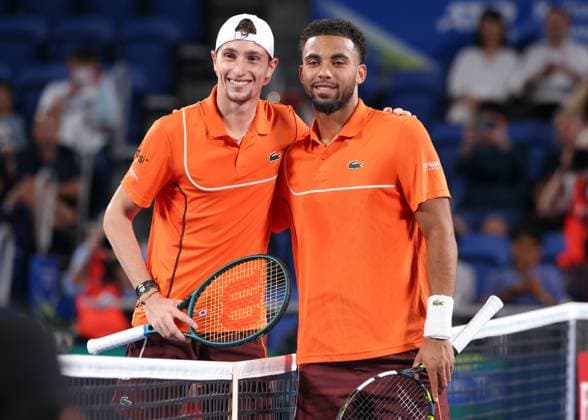 Arthur Fils and Ugo Humbert pose for a photo at the net, during the Mens Singles, Gentlemen s Singles Final, Kinoshita Group Japan Open Tennis Championships, Tokyo, Japan Copyright: xJuergenxHasenkopfx