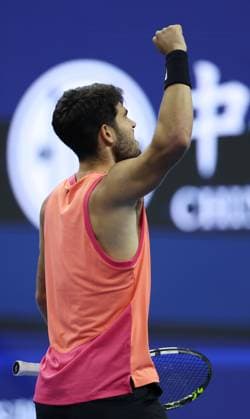 (241001) -- BEIJING, Oct. 1, 2024 -- Carlos Alcaraz of Spain celebrates during the men s singles semi-final match against Daniil Medvedev of Russia at 2024 China Open tennis tournament in Beijing, capital of China, Oct. 1, 2024. (Photo by Xinhua) (SP)CHINA-BEIJING-TENNIS-CHINA OPEN-MEN S SINGLES (CN) DuxXinyi 