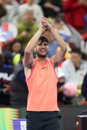 (241001) -- BEIJING, Oct. 1, 2024 -- Carlos Alcaraz of Spain celebrates during the men s singles semi-final match against Daniil Medvedev of Russia at 2024 China Open tennis tournament in Beijing, capital of China, Oct. 1, 2024. ) (SP)CHINA-BEIJING-TENNIS-CHINA OPEN-MEN S SINGLES (CN) BaixXuefei 