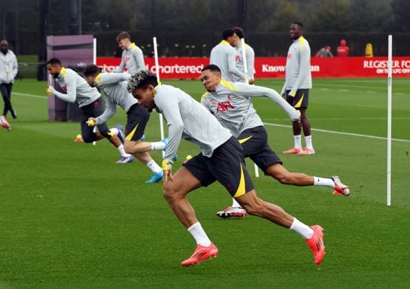 1st October 2024; Anfield and AXA Training Centre, Liverpool, Merseyside, England; press conference, PK, Pressekonferenz and training session ahead of the UEFA Champions League match between Liverpool and Bologna in Liverpool, England; Luis Diaz takes on Trent Alexander-Arnold during today s training session at Liverpool s AXA Training Centre in Kirkby ahead of tomorrow s Champions League match versus Bologna  ActionPlus12698684 AlanxMartin