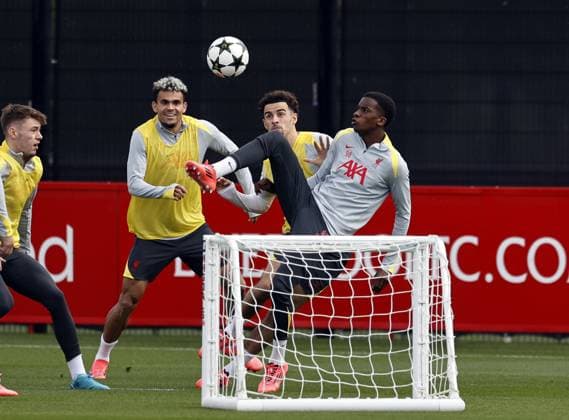 1st October 2024; Anfield and AXA Training Centre, Liverpool, Merseyside, England; press conference, PK, Pressekonferenz and training session ahead of the UEFA Champions League match between Liverpool and Bologna in Liverpool, England; Trey Nyoni, Curtis Jones and Luis Diaz during today s training session at Liverpool s AXA Training Centre in Kirkby ahead of tomorrow s Champions League match versus Bologna  ActionPlus12698687 AlanxMartin