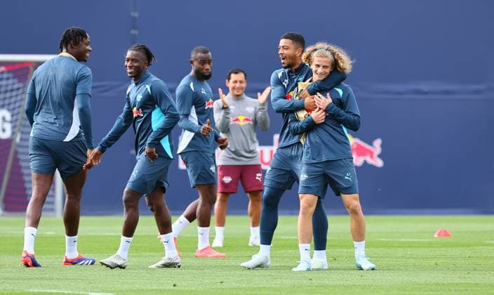 RB Leipzig Training Champions League Leipzig, 01 10 2024, RB Training Center, Football, UEFA Champions League, Matchday 1, RB LEIPZIG vs JUVENTUS TURIN on 02 10 2024 , Final training RB Leipzig , In the picture from l El Chadaille Bitshiabu, Amadou Haidara, Lutsharel Geertruida, Benjamin Henrichs and Viggo Gebel , Picture Point