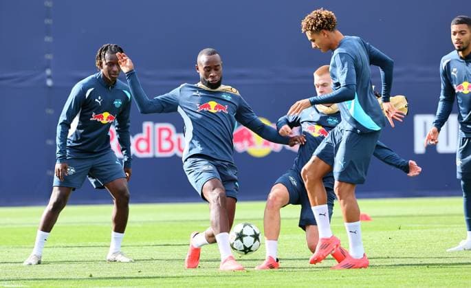 RB Leipzig Training Champions League Leipzig, 01 10 2024, RB Training Center, Football, UEFA Champions League, Matchday 1, RB LEIPZIG vs JUVENTUS TURIN on 02 10 2024 , Final training RB Leipzig , In the picture from l Amadou Haidara, Lutsharel Geertruida, Arthur Vermeeren and Antonio Nusa , Picture Point