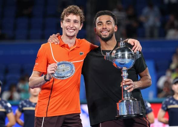 Winner Arthur Fils with trophy, trophy and finalist Ugo Humbert, award ceremony, presentation final, final, Kinoshita Group Japan Open Tennis Championships, Tokyo, Japan Copyright: xJuergenxHasenkopfx