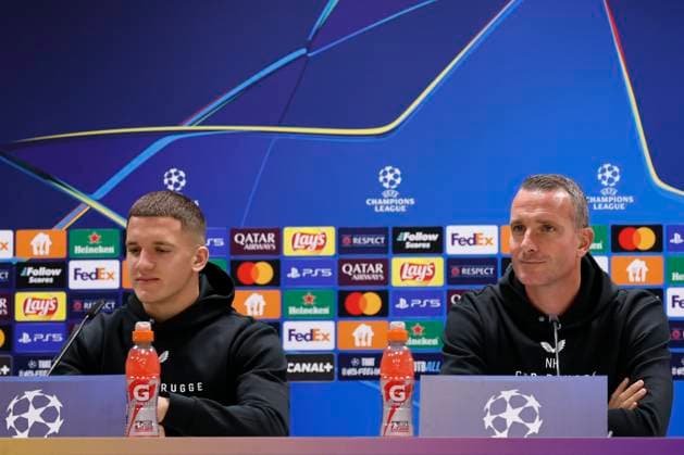 Sturm Graz v Club Brugge - UEFA Champions League - media activities KLAGENFURT, AUSTRIA - OCTOBER 01 : Tzolis Christos forward of Club Brugge and Hayen Nicky head coach of Club Brugge pictured during a press coneference prior to the UEFA Champions League match between and on October 1, 2024 in Klagenfurt, Austria, 01 10 2024 Klagenfurt Austria  Copyright: xJanxDexMeuleneirx