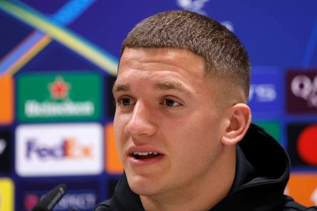 Sturm Graz v Club Brugge - UEFA Champions League - media activities KLAGENFURT, AUSTRIA - OCTOBER 01 : Tzolis Christos forward of Club Brugge pictured during a press coneference prior to the UEFA Champions League match between and on October 1, 2024 in Klagenfurt, Austria, 01 10 2024 Klagenfurt Austria  Copyright: xJanxDexMeuleneirx