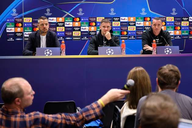 Sturm Graz v Club Brugge - UEFA Champions League - media activities KLAGENFURT, AUSTRIA - OCTOBER 01 : Tzolis Christos forward of Club Brugge and Hayen Nicky head coach of Club Brugge pictured during a press coneference prior to the UEFA Champions League match between and on October 1, 2024 in Klagenfurt, Austria, 01 10 2024 Klagenfurt Austria  Copyright: xJanxDexMeuleneirx