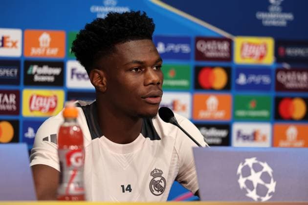 Entrainement et conf presse Real Madrid PHOTOPQR VOIX DU NORD STEPHANE MORTAGNE ; 01 10 2024 ; Villeneuve d Ascq, le 01 10 2024, Football, Ligue des Champions, LILLE - REAL MADRID Entrainement des joueurs de Madrid la veille du match contre le LOSC Conference de presse du milieu de terrain Aurelien Tchouameni PHOTO STEPHANE MORTAGNE LA VOIX DU NORD press conference, PK, Pressekonferenz of Madrid player Aurelien Tchouameni Oct 01 2024 Hauts de France France  Copyright: xPHOTOPQR VOIXxDUxNORD MAXPPPxSTEPHANExMORTAGNEx 20241001VDN4670 20241001VDN4670