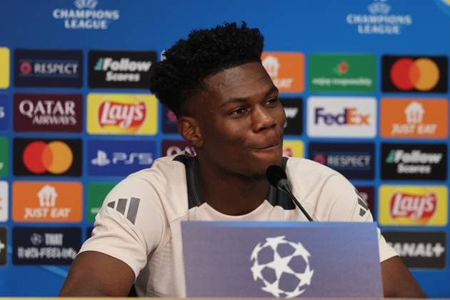 Entrainement et conf presse Real Madrid PHOTOPQR VOIX DU NORD STEPHANE MORTAGNE ; 01 10 2024 ; Villeneuve d Ascq, le 01 10 2024, Football, Ligue des Champions, LILLE - REAL MADRID Entrainement des joueurs de Madrid la veille du match contre le LOSC Conference de presse du milieu de terrain Aurelien Tchouameni PHOTO STEPHANE MORTAGNE LA VOIX DU NORD press conference, PK, Pressekonferenz of Madrid player Aurelien Tchouameni Oct 01 2024 Hauts de France France  Copyright: xPHOTOPQR VOIXxDUxNORD MAXPPPxSTEPHANExMORTAGNEx 20241001VDN4679 20241001VDN4679