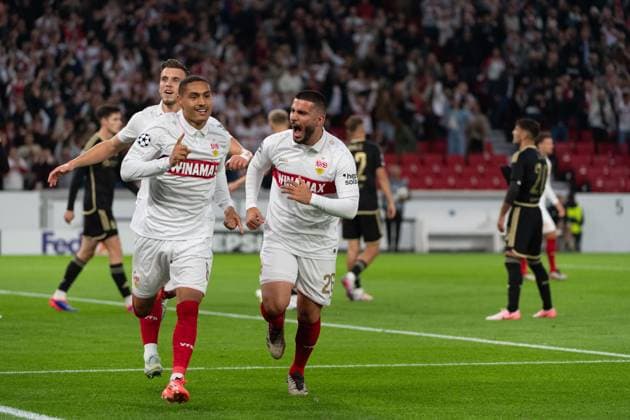 Goal for 1 0 by Enzo Millot VfB Stuttgart, 08 cheer with Deniz Undav VfB Stuttgart 26 , Ermedin Demirovic VfB Stuttgart, 09 GER, VfB Stuttgart vs AC Sparta Prague, Football, Men, UEFA Champions League, Matchday 2, Season 2024 2025, 01 10 2024, GER, VfB Stuttgart vs AC Sparta Prague, Football, Men, UEFA Champions League, Matchday 2, Season 2024 2025, 01 10 2024 Stuttgart Copyright: xEibner-Pressefoto WolfgangxFrankx EP_WFK