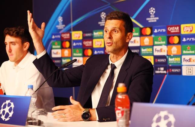Juventus Turin Press Conference Champions League Leipzig, 01 10 2024, RB Academy, Football, UEFA Champions League, Matchday 1, RB LEIPZIG vs JUVENTUS TURIN on 02 10 2024 , Press Conference Juventus Turin , In the picture Coach Thiago Motta JUVENTUS TURIN L Andrea Cambiaso 27, JUVE , Picture Point