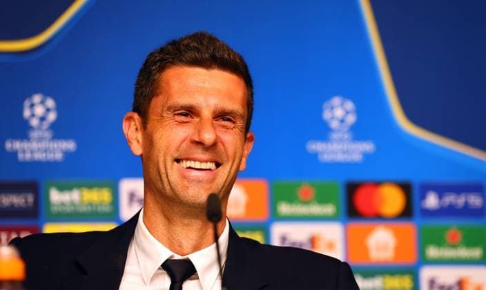 Juventus Turin Press Conference Champions League Leipzig, 01 10 2024, RB Academy, Football, UEFA Champions League, Matchday 1, RB LEIPZIG vs JUVENTUS TURIN on 02 10 2024 , Press Conference Juventus Turin , In the picture Coach Thiago Motta JUVENTUS TURIN , Picture Point