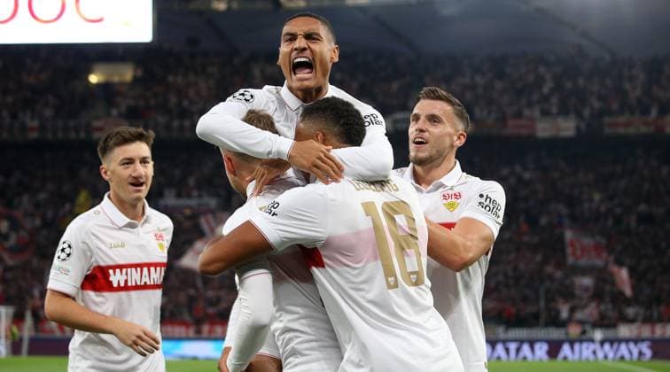01 10 2024 Stuttgart , Champions League soccer VfB Stuttgart vs Sparta Prague, celebrating the 1-0 goal, from left Ermedin Demirovic, goal scorer Enzo Millot VfB, above, left Angelo Stiller, right Ermedin Demirovic In accordance with the regulations of the DFL German Football League, it is prohibited to use or have used photographs taken in the stadium and or of the match in the form of sequential images and or video-like photo series