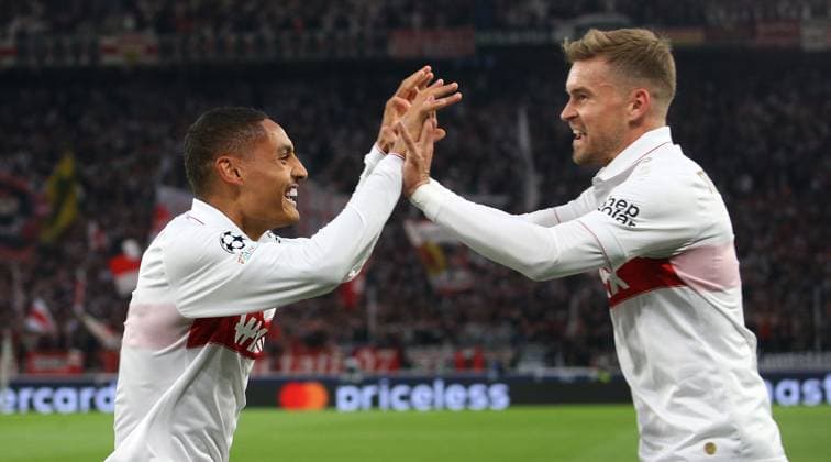 01 10 2024 Stuttgart , Champions League soccer VfB Stuttgart vs Sparta Prague, celebrating the goal to 1 0, from left goal scorer Enzo Millot VfB , Maximilian Mittelstädt In accordance with the regulations of the DFL German Football League, it is prohibited to use or have used photographs taken in the stadium and or of the match in the form of sequential images and or video-like photo series