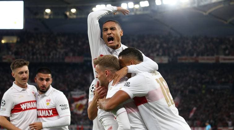01 10 2024 Stuttgart , Champions League soccer VfB Stuttgart vs Sparta Prague, celebrating the 1-0 goal, from left Angelo Stiller, Deniz Undav, goal scorer Enzo Millot VfB, above , Maximilian Miittelstädt, Jamie Leweling VfB In accordance with the regulations of the DFL German Football League, it is prohibited to use or have used photographs taken in the stadium and or of the match in the form of sequential images and or video-like photo series