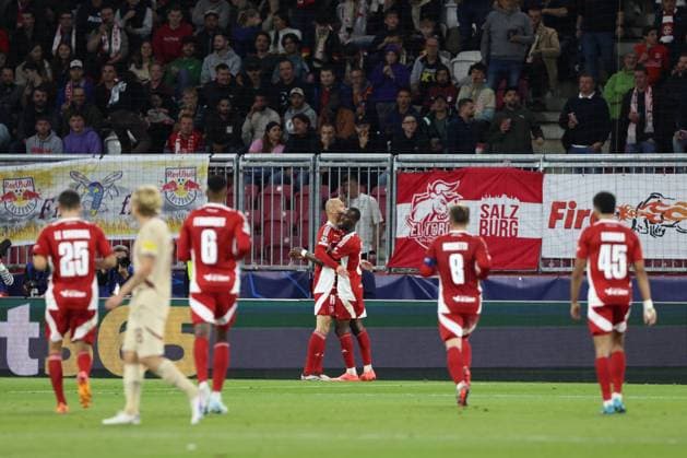 SOCCER - UEFA CL, RBS vs Brest SALZBURG,AUSTRIA,01.OCT.24 - SOCCER - UEFA Champions League, Red Bull Salzburg vs Stade Brestois 29. Image shows the rejoicing of Brest.  GEPAxpictures xMathiasxMandl