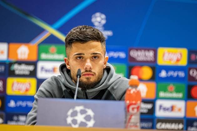 SOCCER - UEFA CL, Sturm vs Bruegge KLAGENFURT,AUSTRIA,01.OCT.24 - SOCCER - UEFA Champions League, SK Sturm Graz vs FC Bruegge, preview, press conference, PK, Pressekonferenz Sturm. Image shows Jusuf Gazibegovic (Sturm).  GEPAxpictures xMatthiasxTrinkl