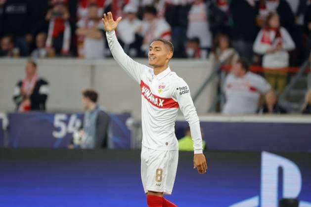 01 10 2024 Stuttgart , Champions League soccer VfB Stuttgart vs Sparta Prague, Enzo Millot VfB cheers after the goal to 1 0 According to the regulations of the DFL German Football League, it is prohibited to use or have used photographs taken in the stadium and or of the match in the form of sequential images and or video-like photo series
