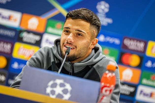 SOCCER - UEFA CL, Sturm vs Bruegge KLAGENFURT,AUSTRIA,01.OCT.24 - SOCCER - UEFA Champions League, SK Sturm Graz vs FC Bruegge, preview, press conference, PK, Pressekonferenz Sturm. Image shows Jusuf Gazibegovic (Sturm).  GEPAxpictures xMatthiasxTrinkl