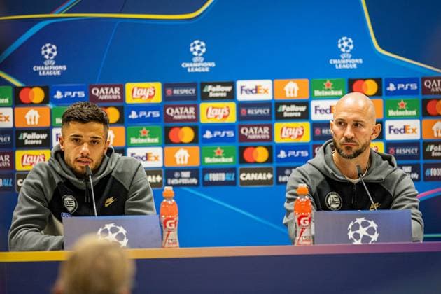 SOCCER - UEFA CL, Sturm vs Bruegge KLAGENFURT,AUSTRIA,01.OCT.24 - SOCCER - UEFA Champions League, SK Sturm Graz vs FC Bruegge, preview, press conference, PK, Pressekonferenz Sturm. Image shows Jusuf Gazibegovic and head coach Christian Ilzer (Sturm).  GEPAxpictures xMatthiasxTrinkl