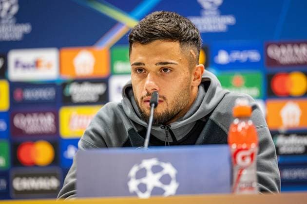 SOCCER - UEFA CL, Sturm vs Bruegge KLAGENFURT,AUSTRIA,01.OCT.24 - SOCCER - UEFA Champions League, SK Sturm Graz vs FC Bruegge, preview, press conference, PK, Pressekonferenz Sturm. Image shows Jusuf Gazibegovic (Sturm).  GEPAxpictures xMatthiasxTrinkl