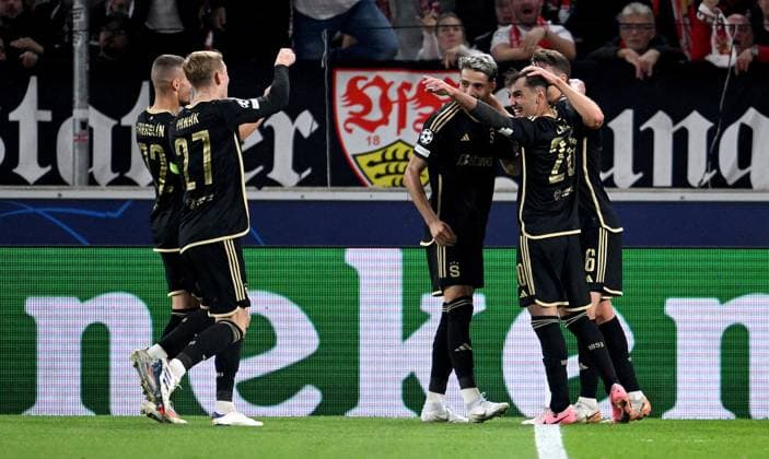 FOOTBALL CHAMPIONS LEAGUE SEASON 2024 2025 Preliminary Round 2 Matchday VfB Stuttgart Sparta Prague 01 10 2024 Sparta Prague celebrating the 1 1 equalizer, from left, Angelo Preciado, Filip Panak, goalkeeper Kaan Kairinen