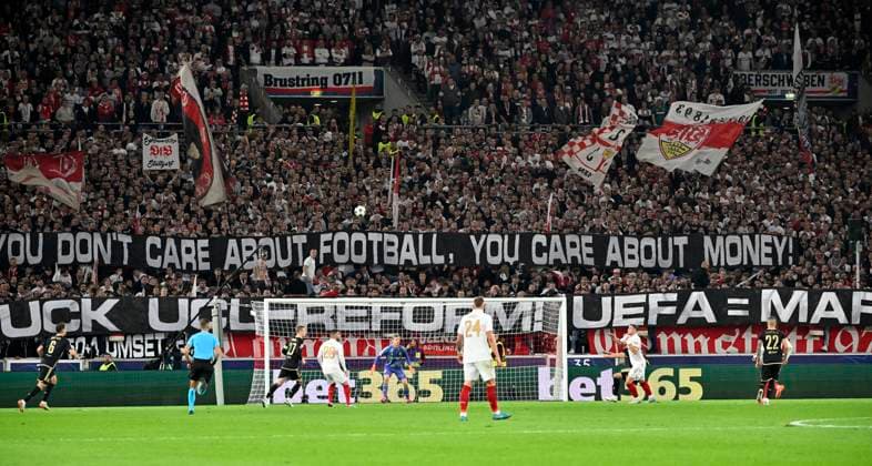 Transparent, fan poster, banner, poster, banner, fan action against UFEA Mafia Champions League VfB Stuttgart vs AC Sparta Prague 01 10 2024 DFL REGULATIONS PROHIBIT ANY USE OF PHOTOGRAPHS AS IMAGE SEQUENCES AND OR QUASI VIDEO VfB Stuttgart vs AC Sparta Prague