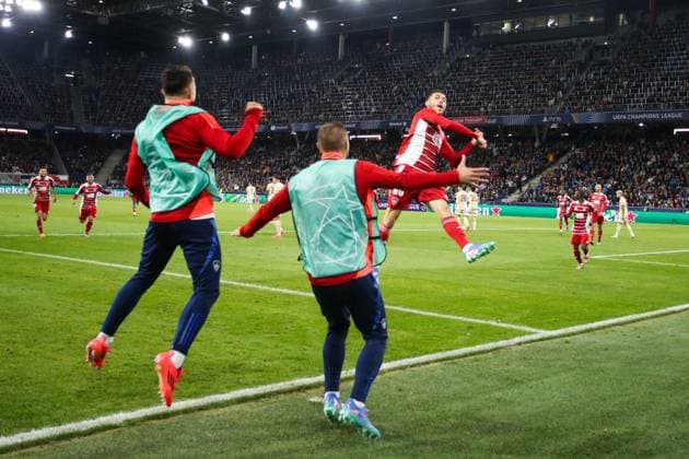 SOCCER - UEFA CL, RBS vs Brest SALZBURG,AUSTRIA,01.OCT.24 - SOCCER - UEFA Champions League, Red Bull Salzburg vs Stade Brestois 29. Image shows the rejoicing of Mathias Pereira Lage (Brest).  GEPAxpictures xMathiasxMandl