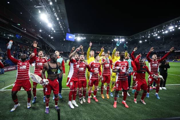 SOCCER - UEFA CL, RBS vs Brest SALZBURG,AUSTRIA,01.OCT.24 - SOCCER - UEFA Champions League, Red Bull Salzburg vs Stade Brestois 29. Image shows the rejoicing of Brest.  GEPAxpictures xMathiasxMandl
