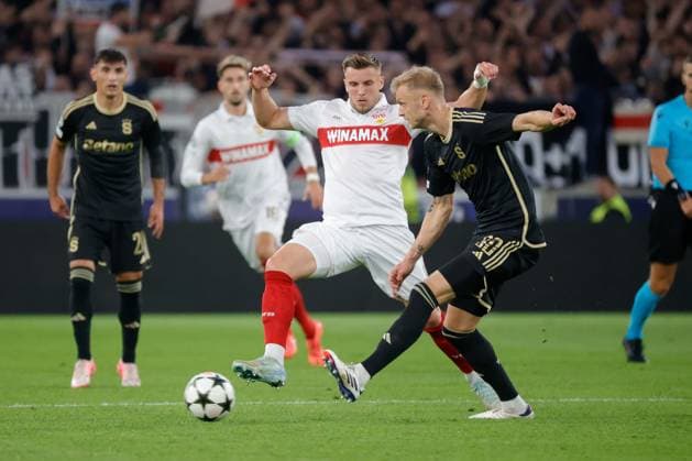 01 10 2024 Stuttgart , Champions League soccer VfB Stuttgart vs Sparta Prague, v l Ermedin Demirovic VfB Jaroslav Zeleny Prague In accordance with the regulations of the DFL German Football League, it is prohibited to use or have used photographs taken in the stadium and or of the match in the form of sequential images and or video-like photo series